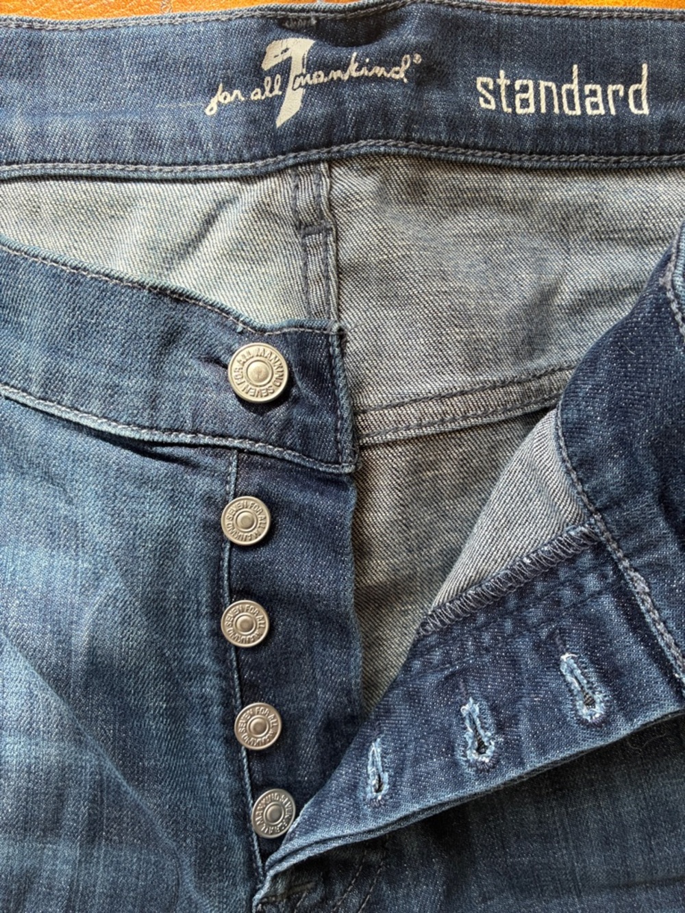 7 For All Mankind Dark and Faded Blue Button-Fly Jeans